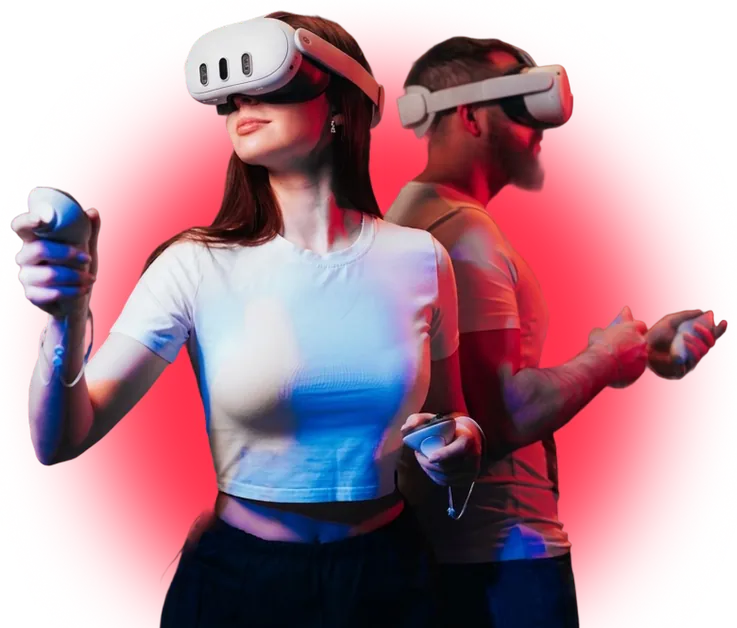 Players in VR headsets with controllers